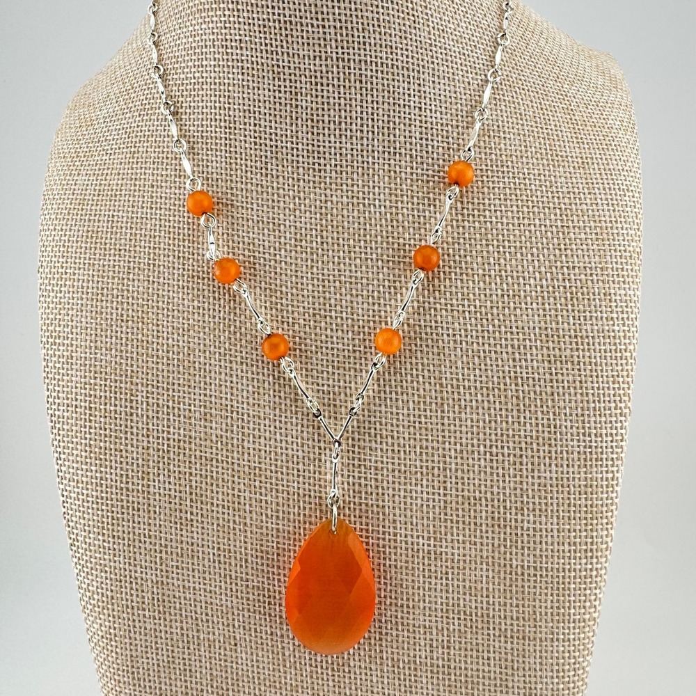 Vintage Avon Orange Teardrop Pendant Necklace Silver Tone Beaded 1970s 1980s